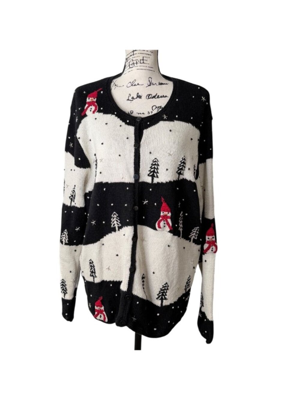 Talbots Womens 2X Holiday Cardigan Snowman Black White Winter Cotton Linen Vtg